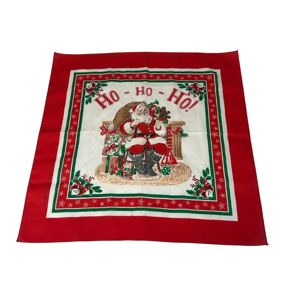 VTG Square Handkerchief Scarf- Cotton Blend- Santa Christmas ho ho ho- 21x21